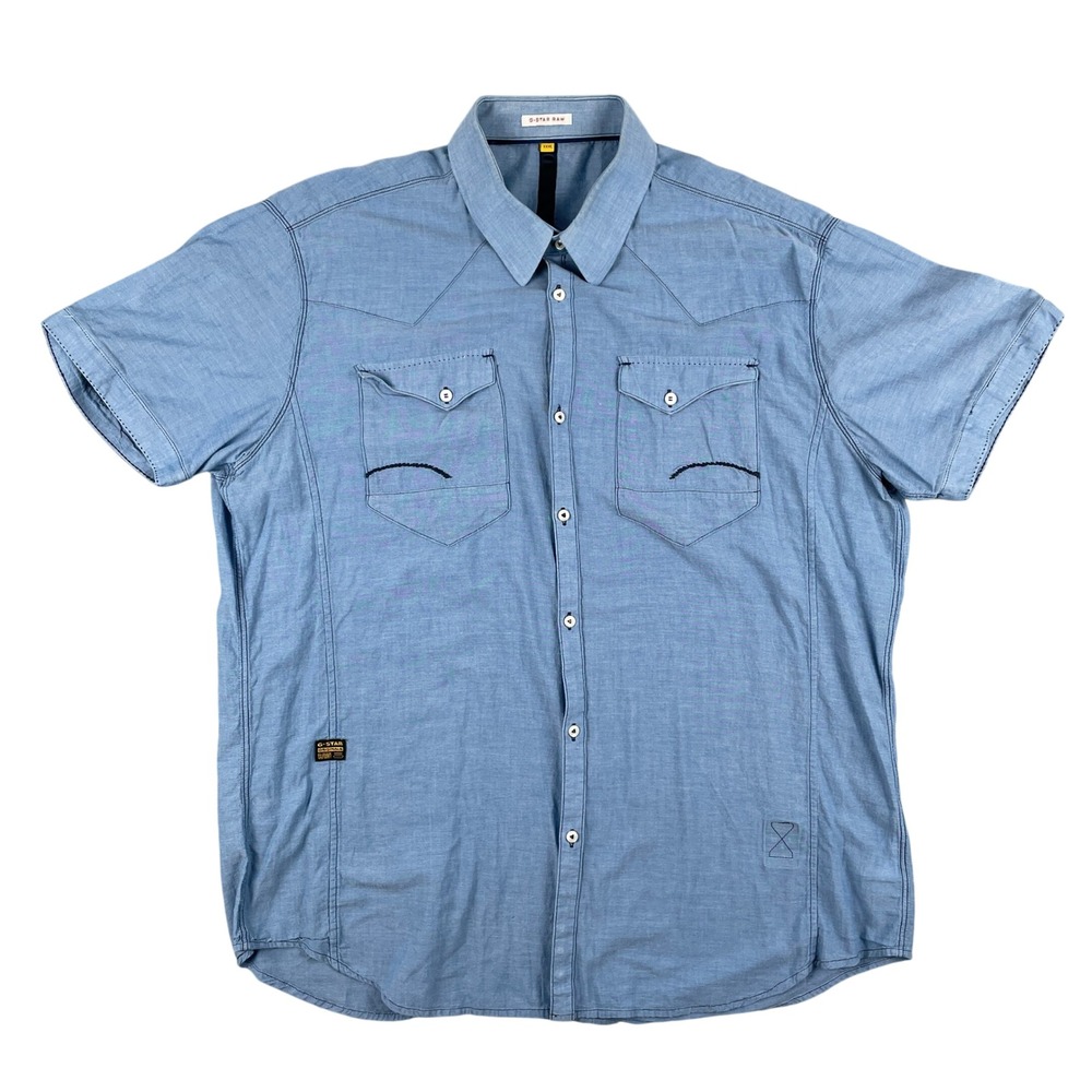 G-Star RAW Shirt Mens XXXL Blue Chambray Short Sleeve Button Down Dress Western